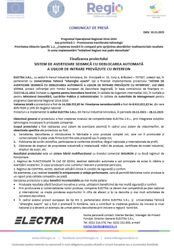 Finalizarea proiectului SISTEM DE AVERTIZARE SEISMICĂ CU DEBLOCAREA AUTOMATĂ  A UȘILOR DE INTRARE PREVĂZUTE CU INTERFON